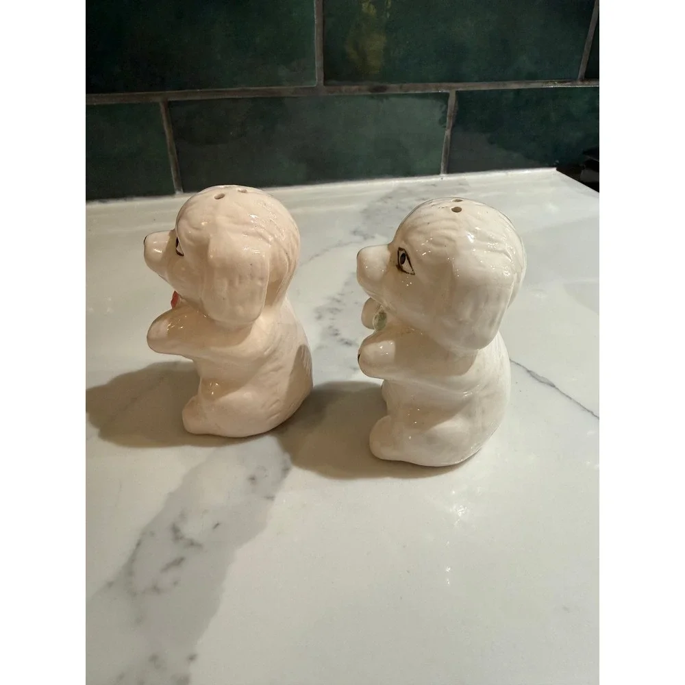 Vintage Ceramic Puppy Dog Salt and Pepper Shakers White Pink Blue Bows Set of 2